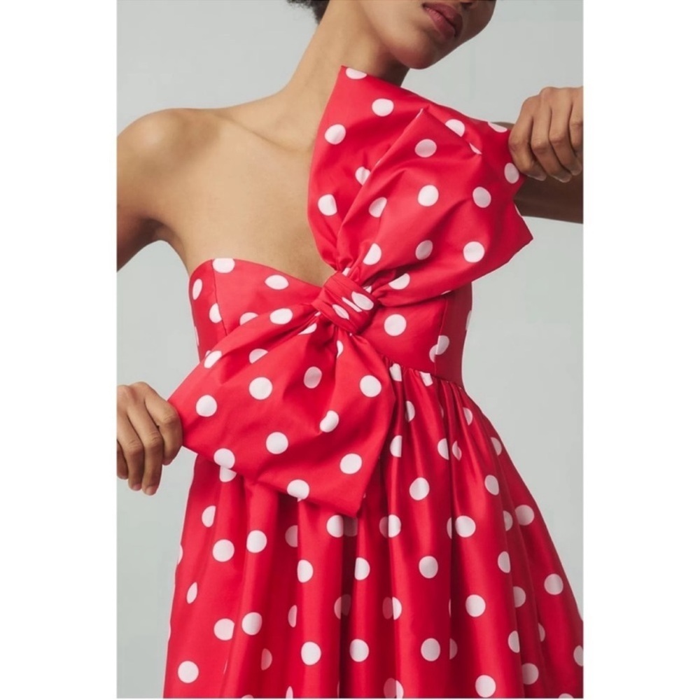 Anthropologie Atsu Sally Bow Polka Dot One Shoulder Midi Dress Red Medium NWT - Picture 2 of 12